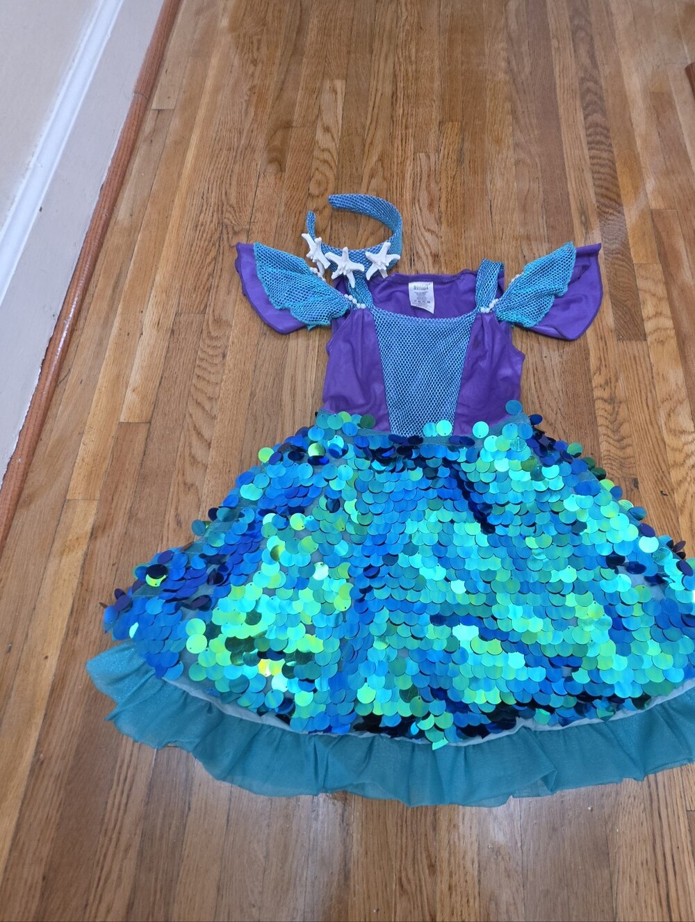 Purple & Teal Sequin Mermaid Dress with Starfish Headband - Kids Costume